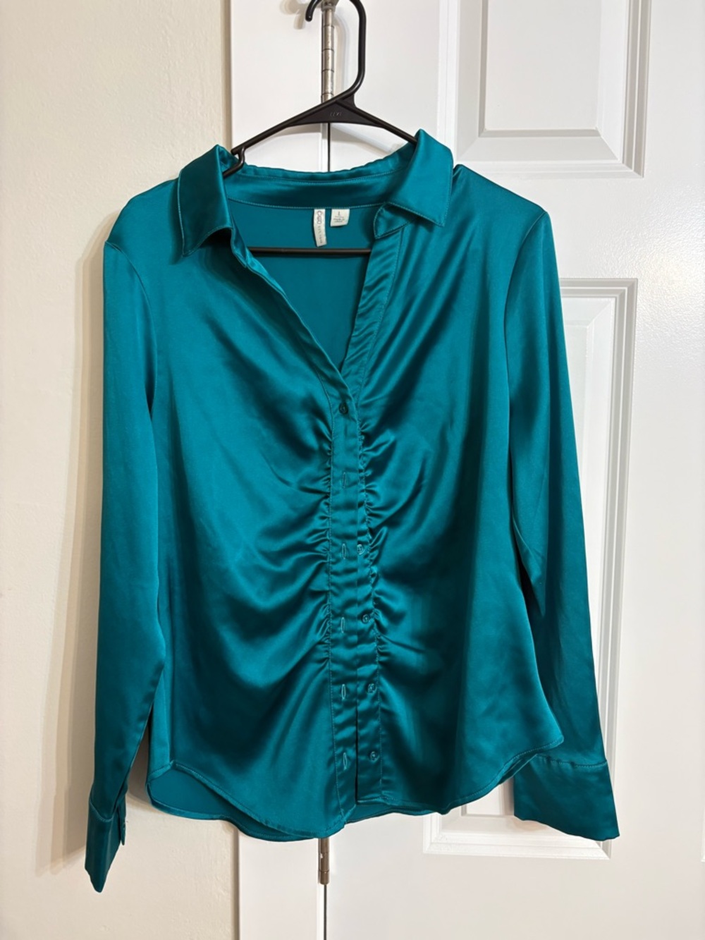Cato Teal Satin Ruched Button-Down Blouse